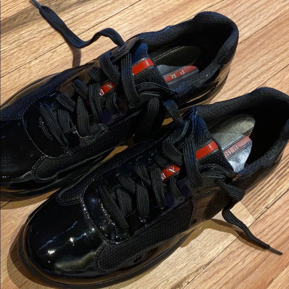 Prada black patent leather sneakers